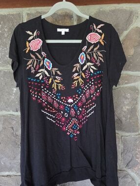 Caite Black Embroidered V-Neck Tunic